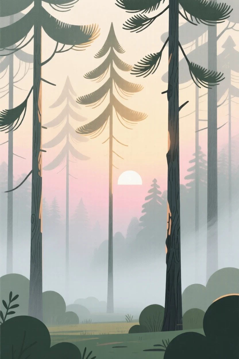 A misty pine forest at sunrise with soft light filtering through the treetops.
