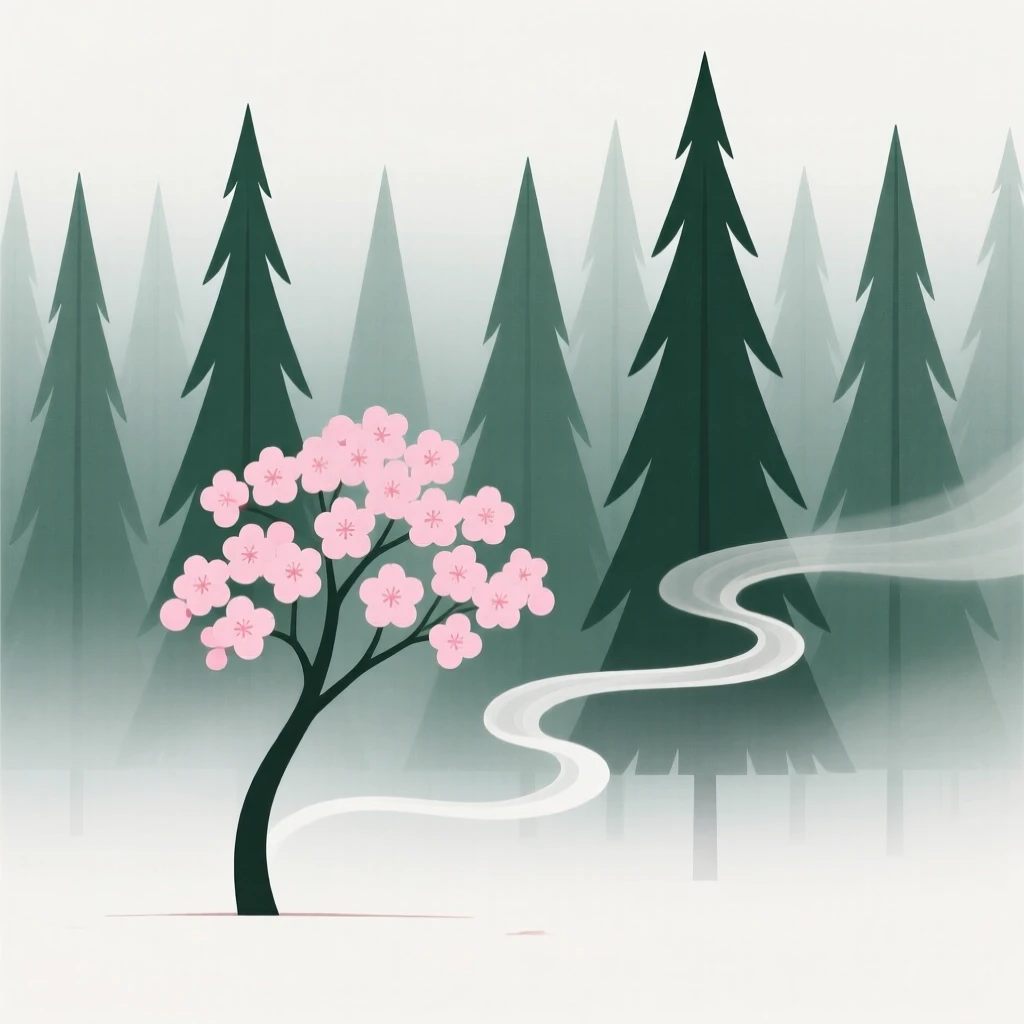 A foggy pine forest, quiet and still, cradles a cherry blossom tree resting beside curling wisps of mist, capturing a feeling of raw natural power.