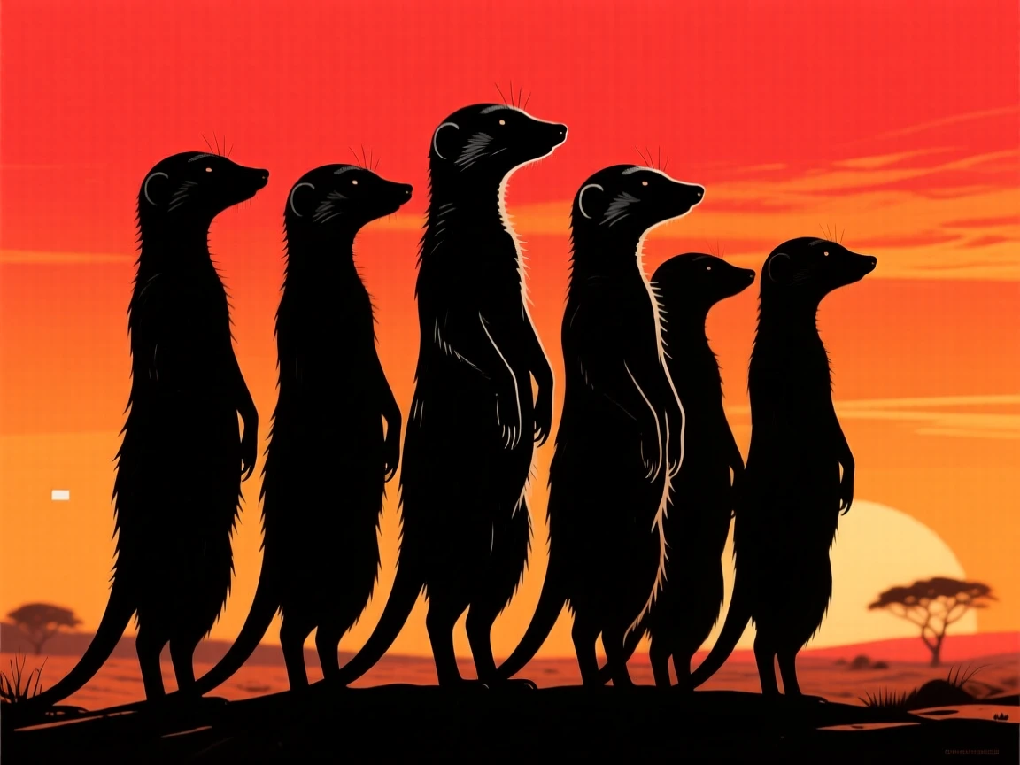 A group of meerkats standing upright together, all facing the same direction on alert.