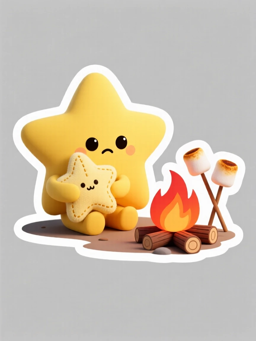 A determined tiny star-shaped creature hugging a plush star toy, beside a small campfire with marshmallows roasting.