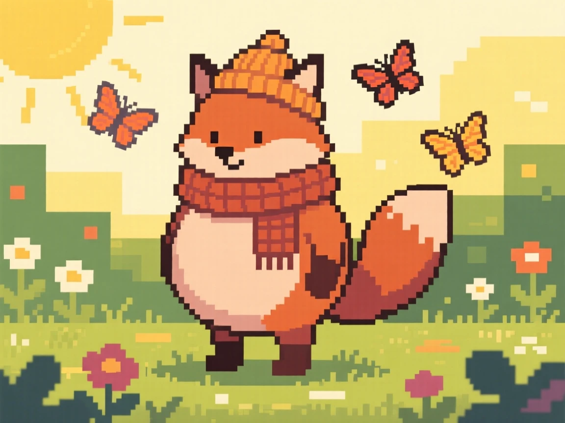 A round-bellied fox wearing a tiny knitted scarf and hat, in a sunlit garden with butterflies nearby.