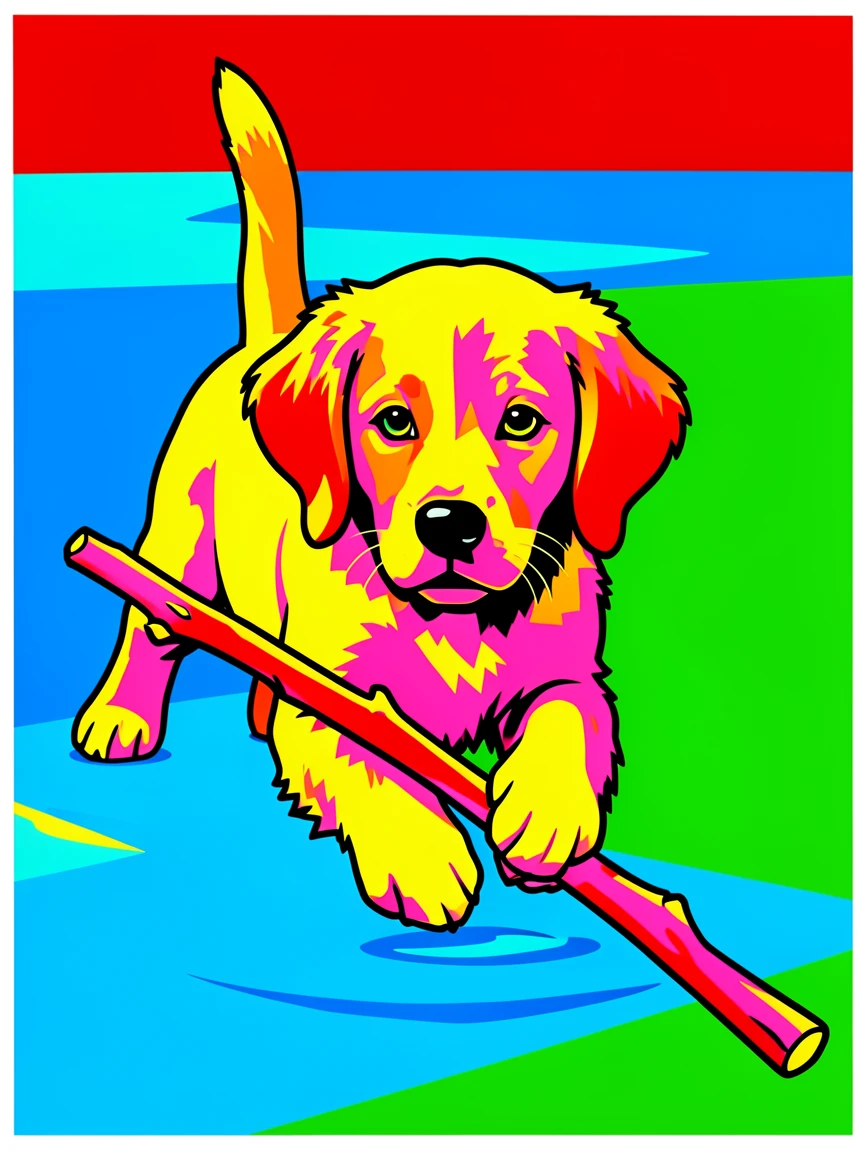 Retriever puppy with a stick fetching in a lake