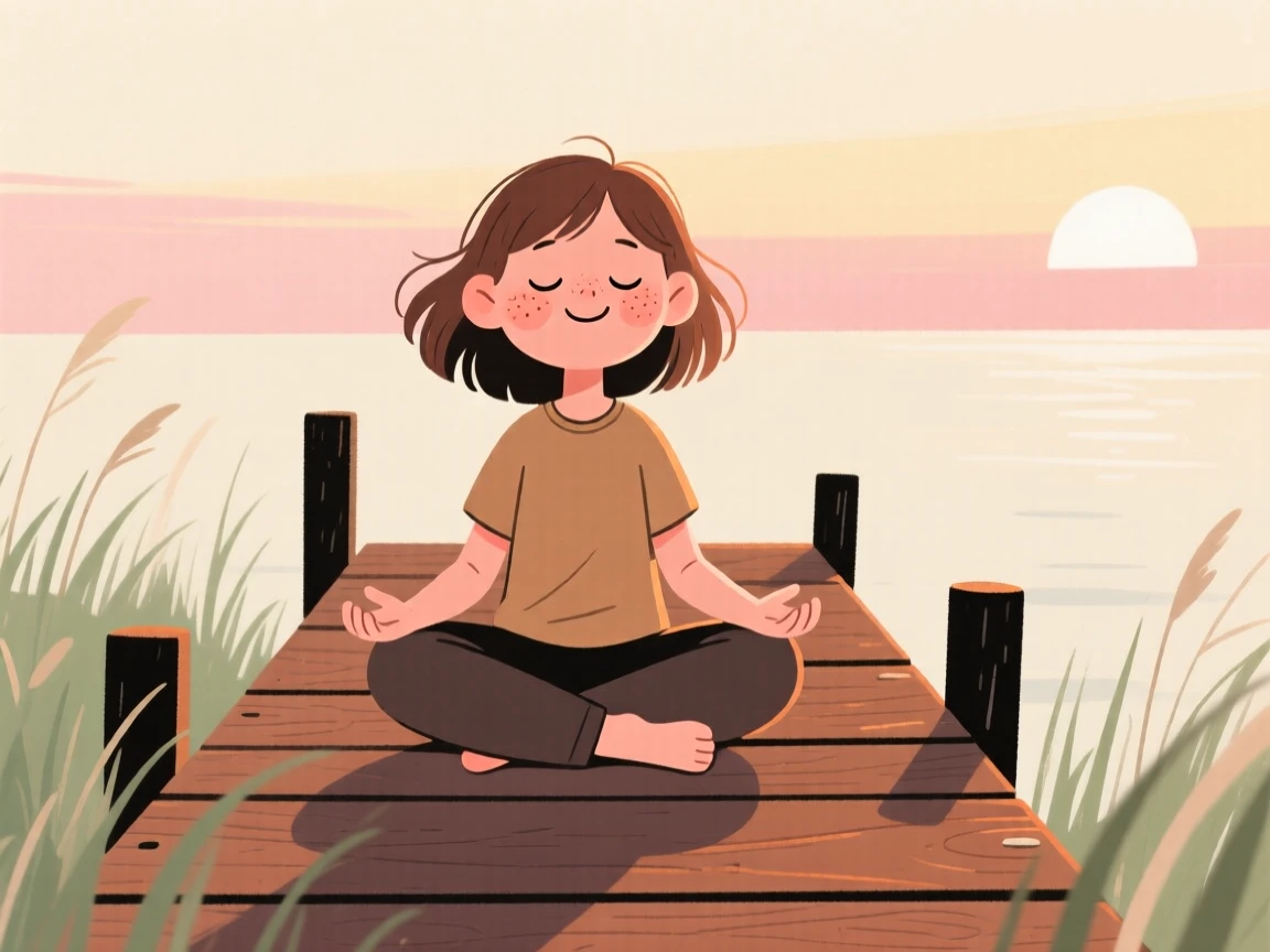 A teenage girl practices slow breathing exercises on a wooden dock at first light, breathing slowly as rustling grass surrounds them.