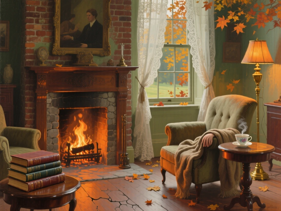 A well-framed scene of a warm sitting room with a crackling fireplace and worn armchairs, in mid-autumn, in a soft summer breeze.