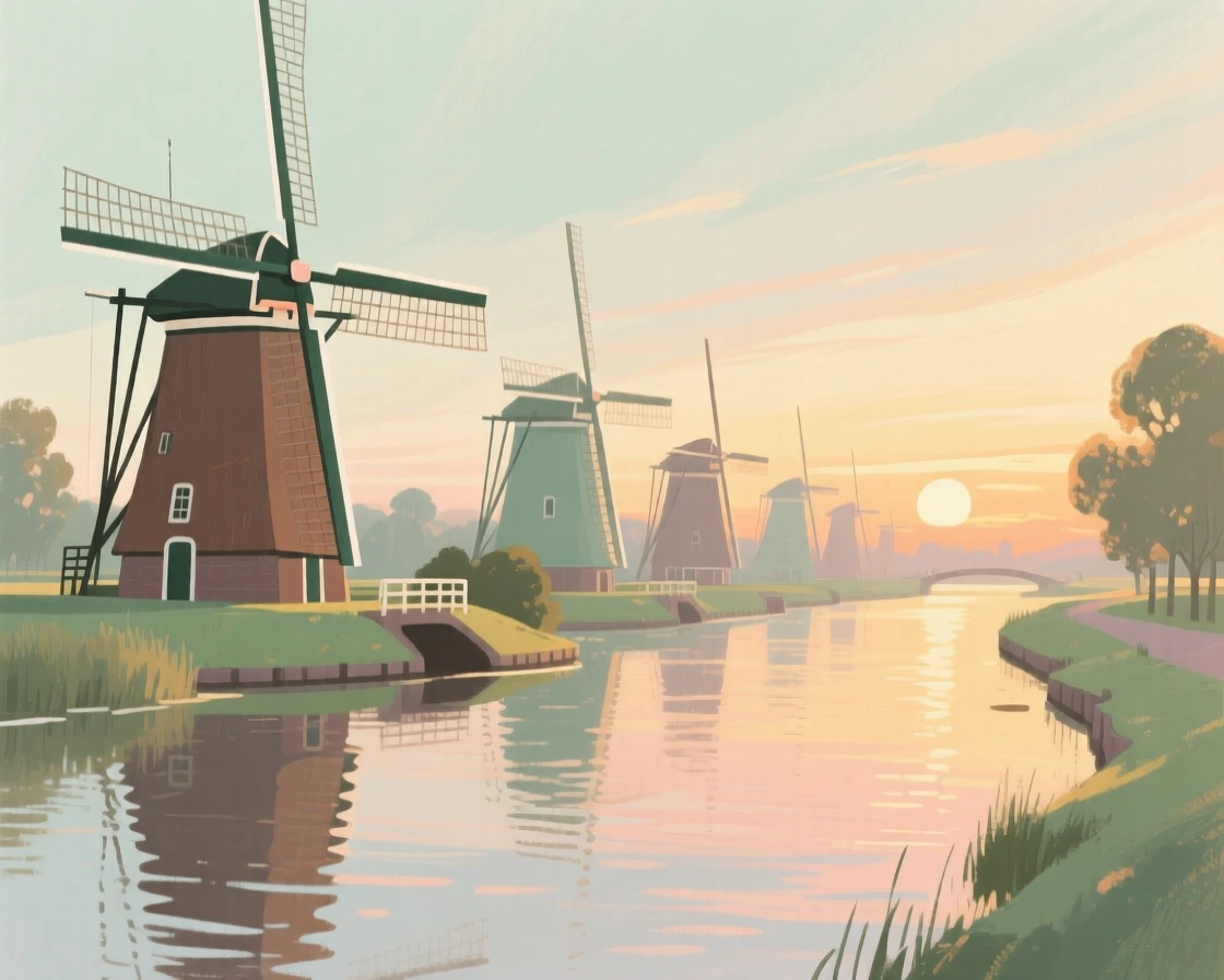 A row of Dutch windmills standing along a canal at sunset