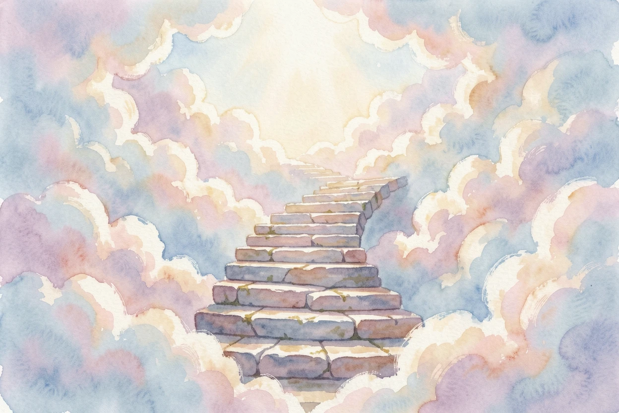 A celestial staircase leading up into the clouds bathed in soft magical light.