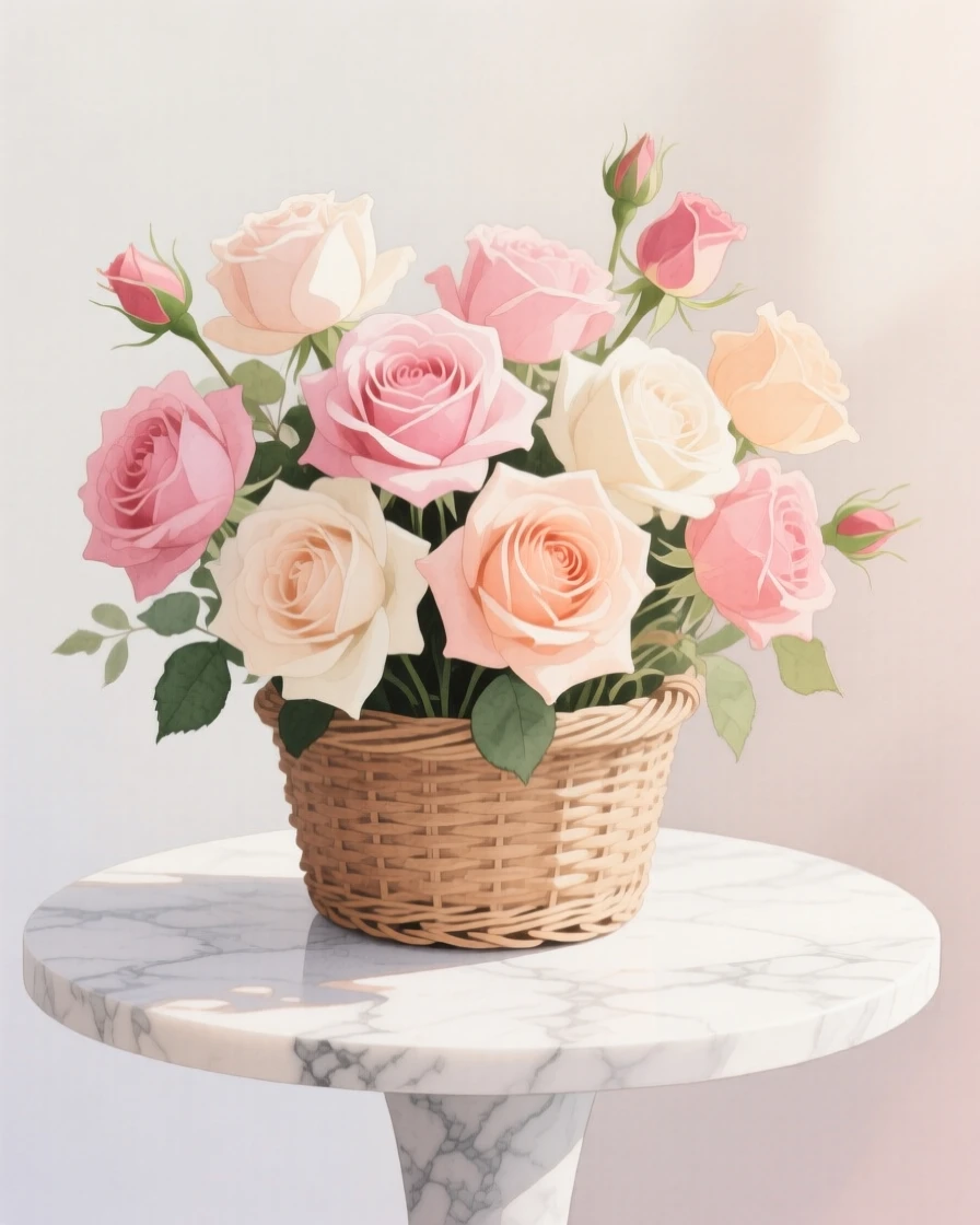 A bouquet of garden roses in soft, layered tones fills a woven wicker basket on a marble side table, petals catching the gentle light