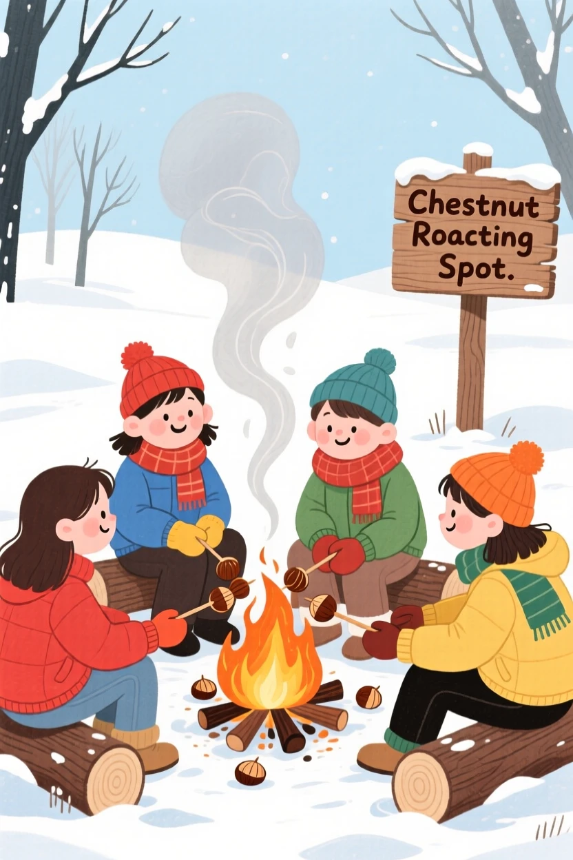 A group of friends roasting chestnuts over an open fire in winter.
