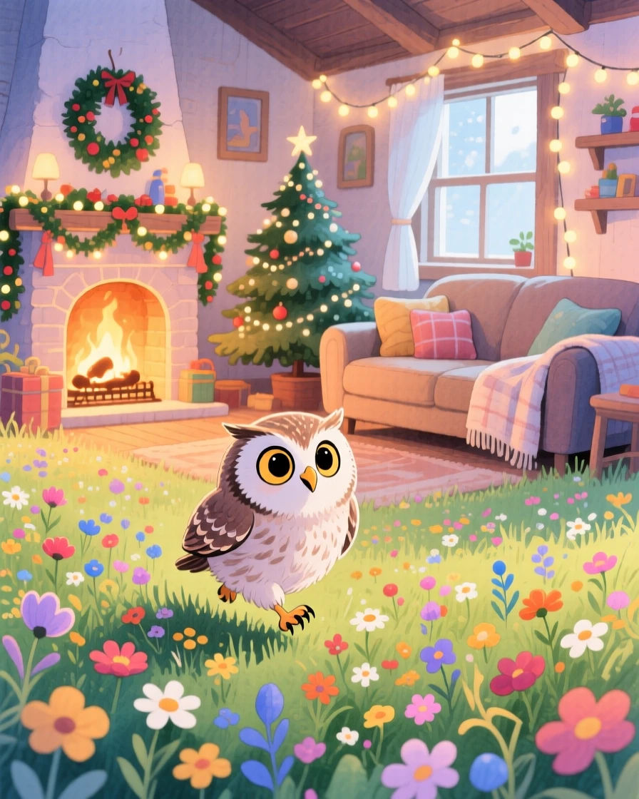 A curious owlet hopping through a meadow of wildflowers, set in a snug living room decorated for the holidays, filled with wide-eyed wonder.