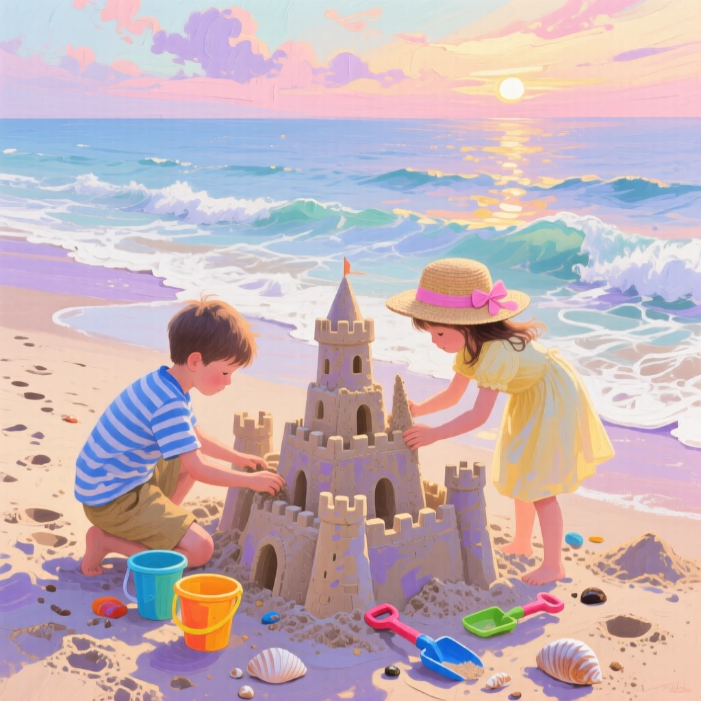 children building a sandcastle near gentle waves, at dawn, with layered visual detail from foreground to horizon.