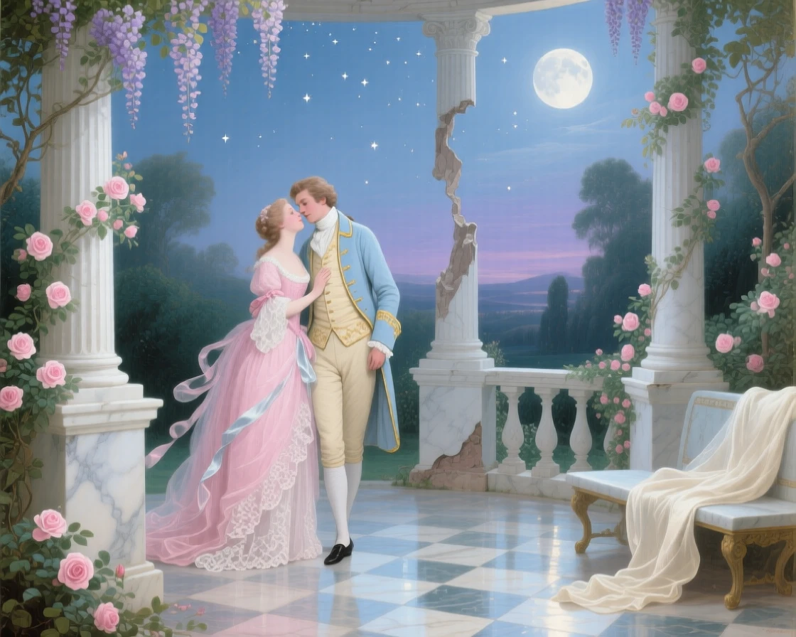 A young couple discovered by moonlight in an abandoned marble pavilion  