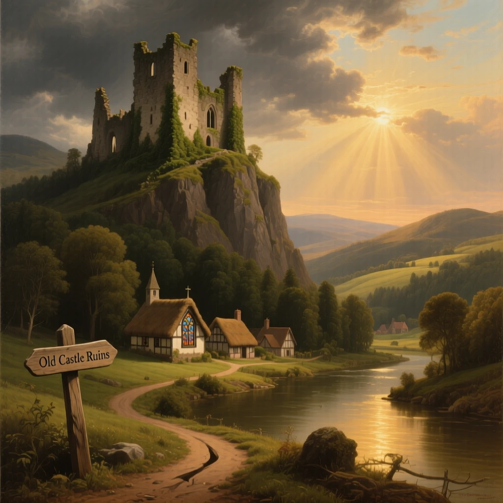 A ruined castle overlooks a quiet village nestled below.