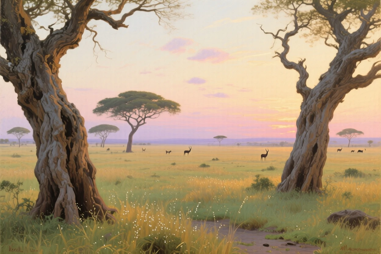 An African savanna dotted with acacia trees at dawn, framed by ancient weathered trees on either side, showing nature at its most breathtaking and unspoiled