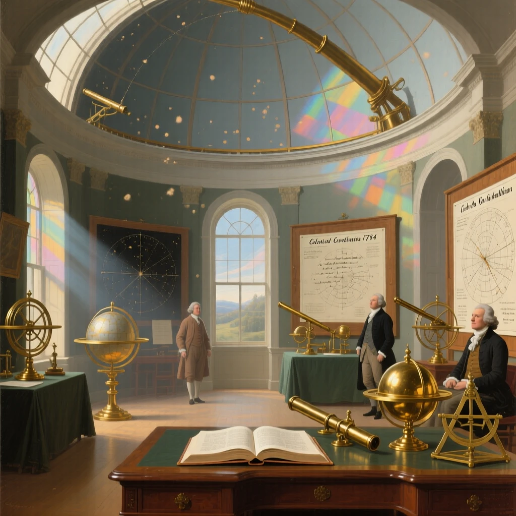 A domed observatory filled with brass instruments and star charts holding the quiet grandeur of a bygone era, set within a private estate untouched by passing time, with dust motes drifting through slanted beams of colored light; a central vanishing point draws the viewer deep into the grand space, evoking timeless grandeur and quiet reverence.