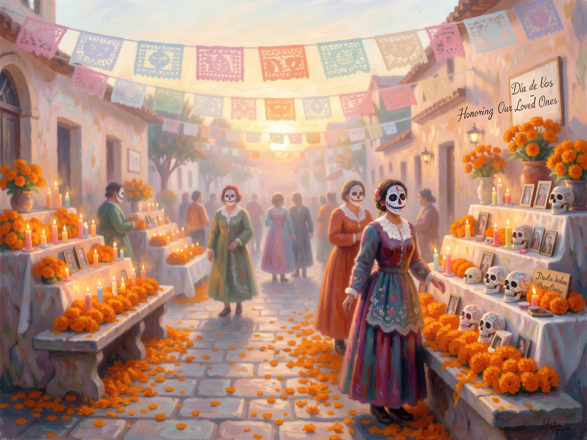 A vibrant Dia de los Muertos celebration in a Mexican plaza, marigolds and candlelit altars glowing at dusk.
