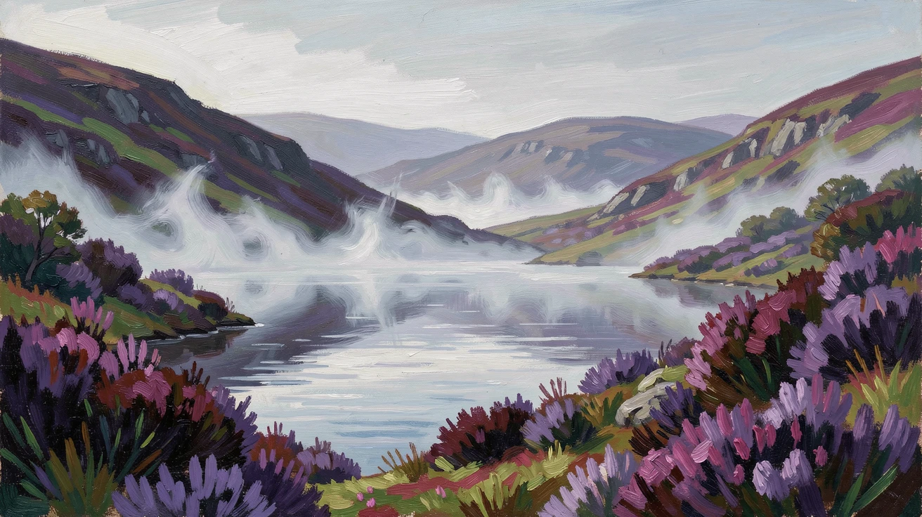 A misty morning over a highland loch, heather covering the surrounding hills.