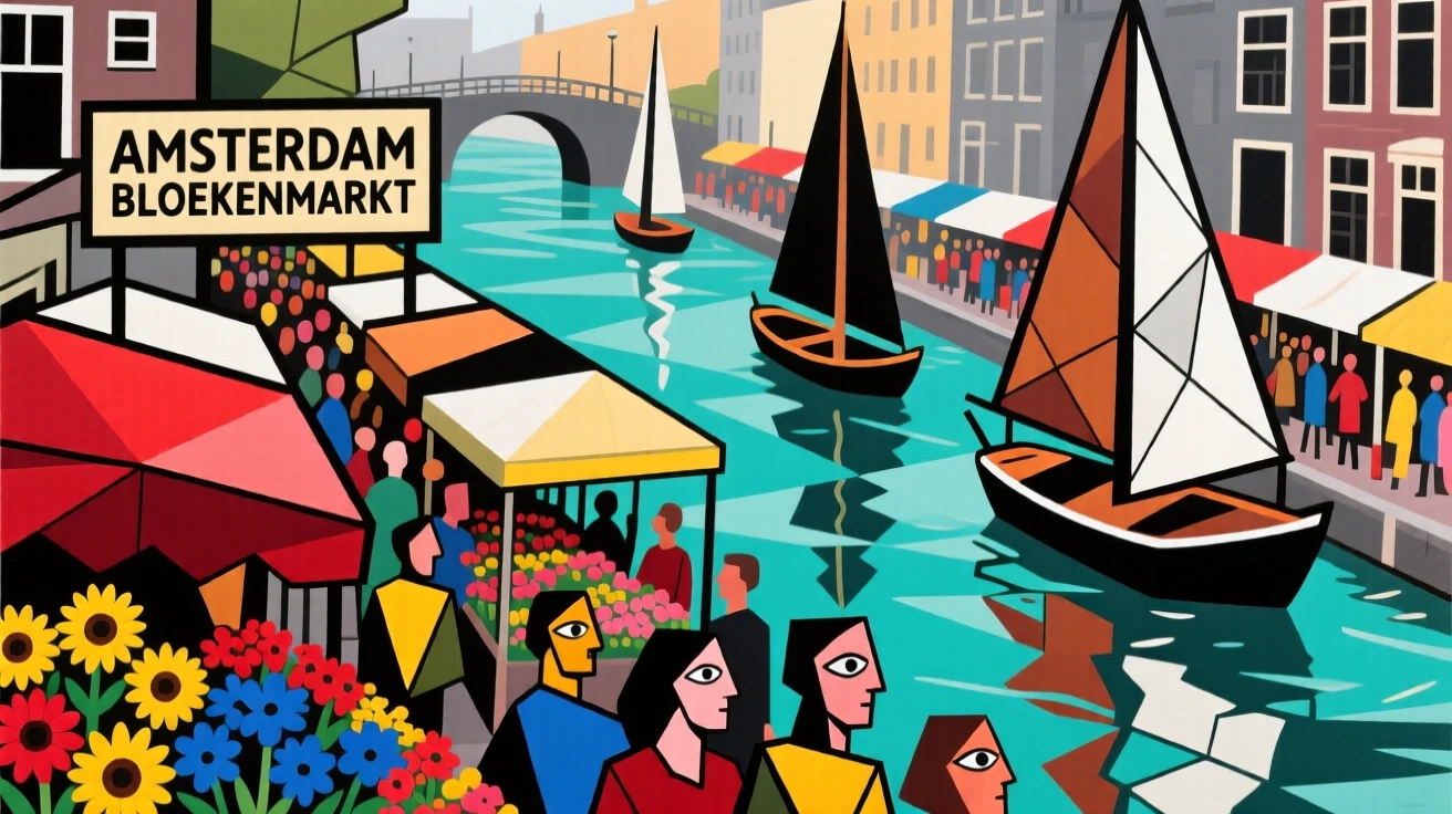 A busy flower market in Amsterdam with boats gliding along the canal behind it.