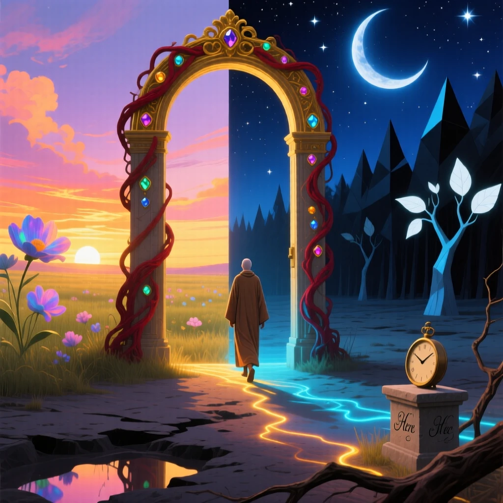 A doorway that opens onto both daybreak and midnight simultaneously seems to shift slightly each time it is glanced away from, while a lone figure walks calmly through its impossible turns.