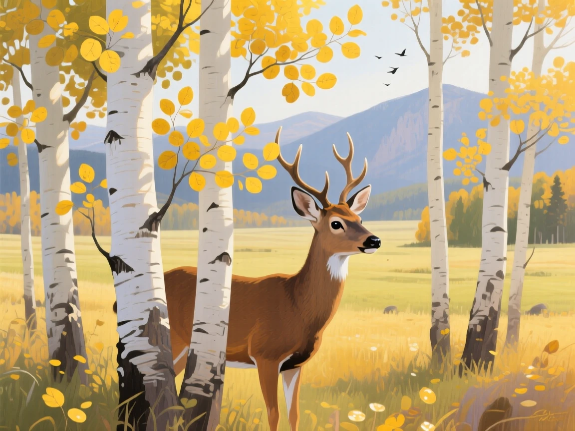 A grove of aspen trees in Colorado quakes gently in the breeze, their golden leaves shimmering like coins, a mule deer standing alert among the slender white trunks, with the crisp, still air carrying only the faintest sounds of distant birdsong.