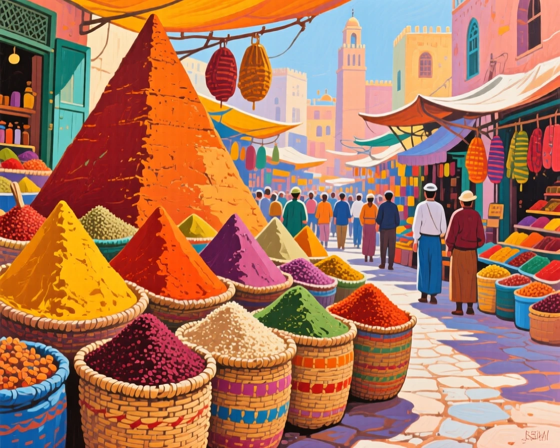 A bustling Moroccan spice market with towering pyramids of colorful ground spices in woven baskets