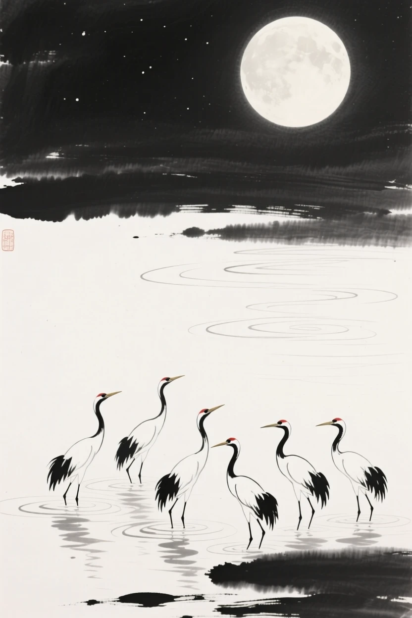 a serene lake beneath a rising moon, with a flock of egrets wading in the shallows.