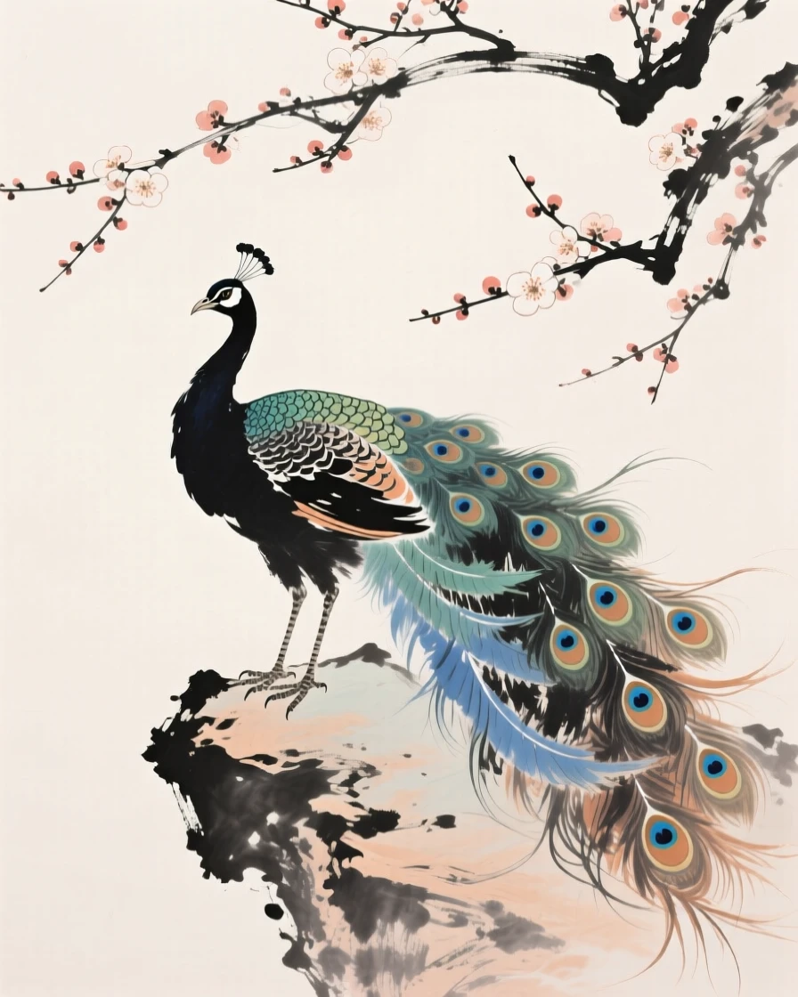 A proud peacock displaying its full tail of iridescent feathers, as the last plum blossoms cling to bare branches, in a warm breeze carrying the scent of blossoms.