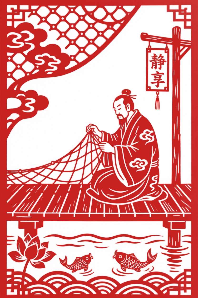 A calligrapher, mending a fishing net on a wooden dock, in a scene of quiet contentment and simple joy.