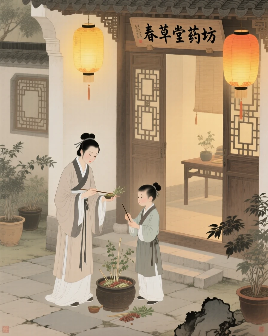 A young herbalist teaching a skill to an eager apprentice in a courtyard filled with lantern light