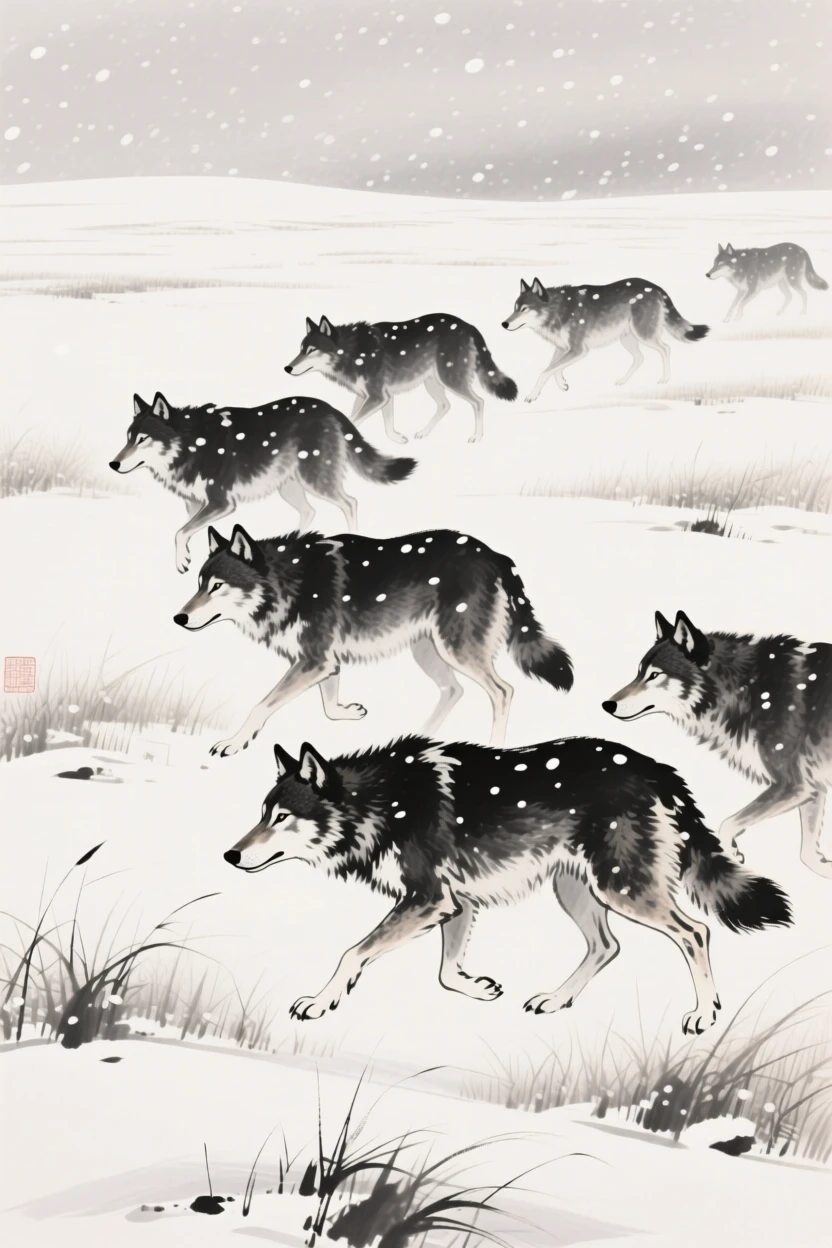 A pack of wolves moving silently through falling snow across an open grassy plain, framed low to the ground for an intimate, close perspective, carrying a sense of quiet dignity and wildness.