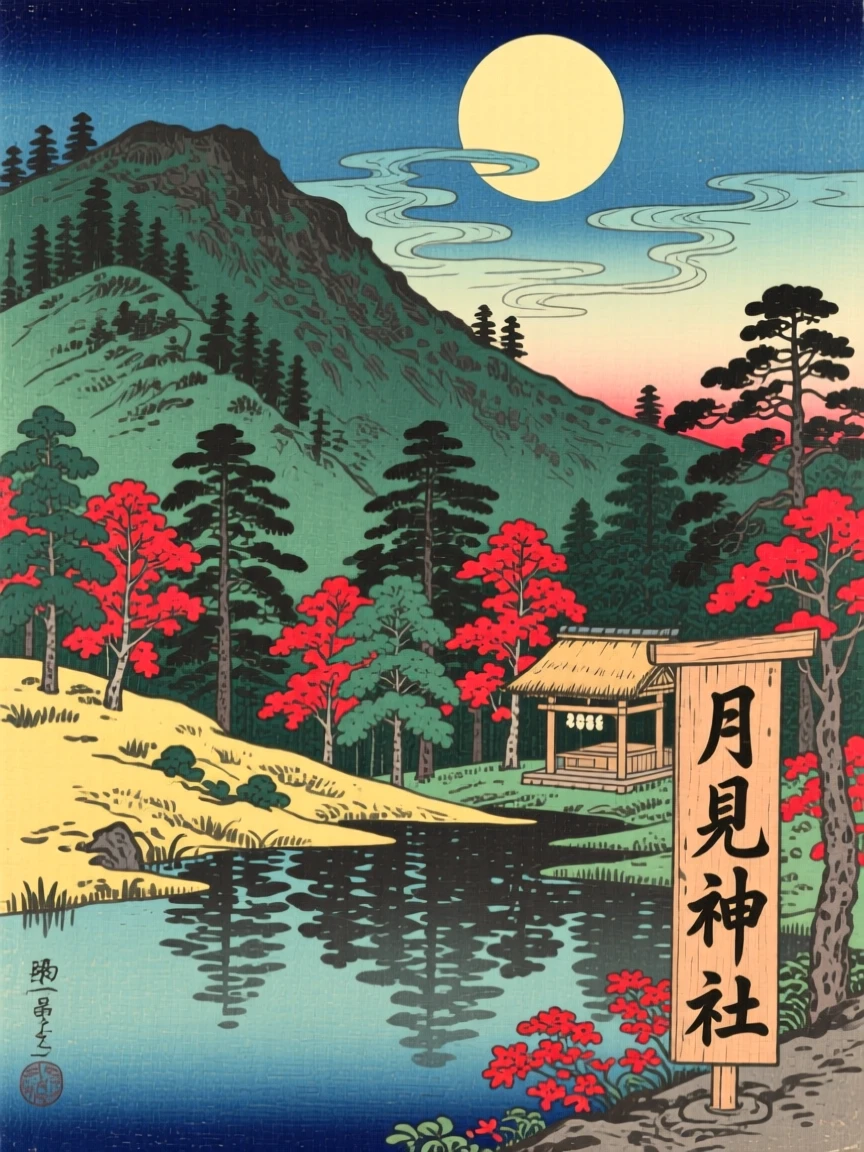 A forested mountain slope, reflected in a calm mountain pond, under a full moon.
