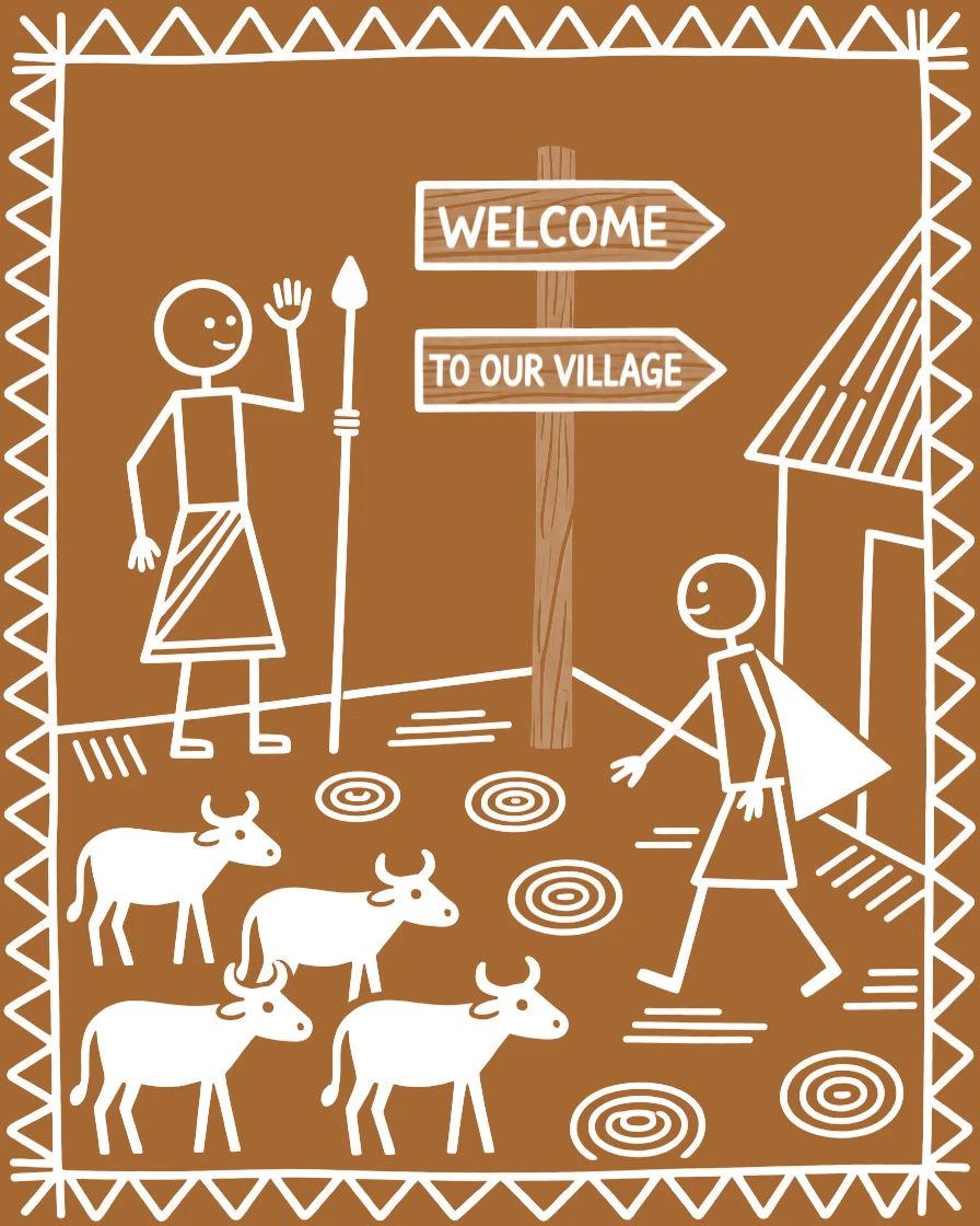 A cattle herder greeting a traveler arriving from afar in the village courtyard.