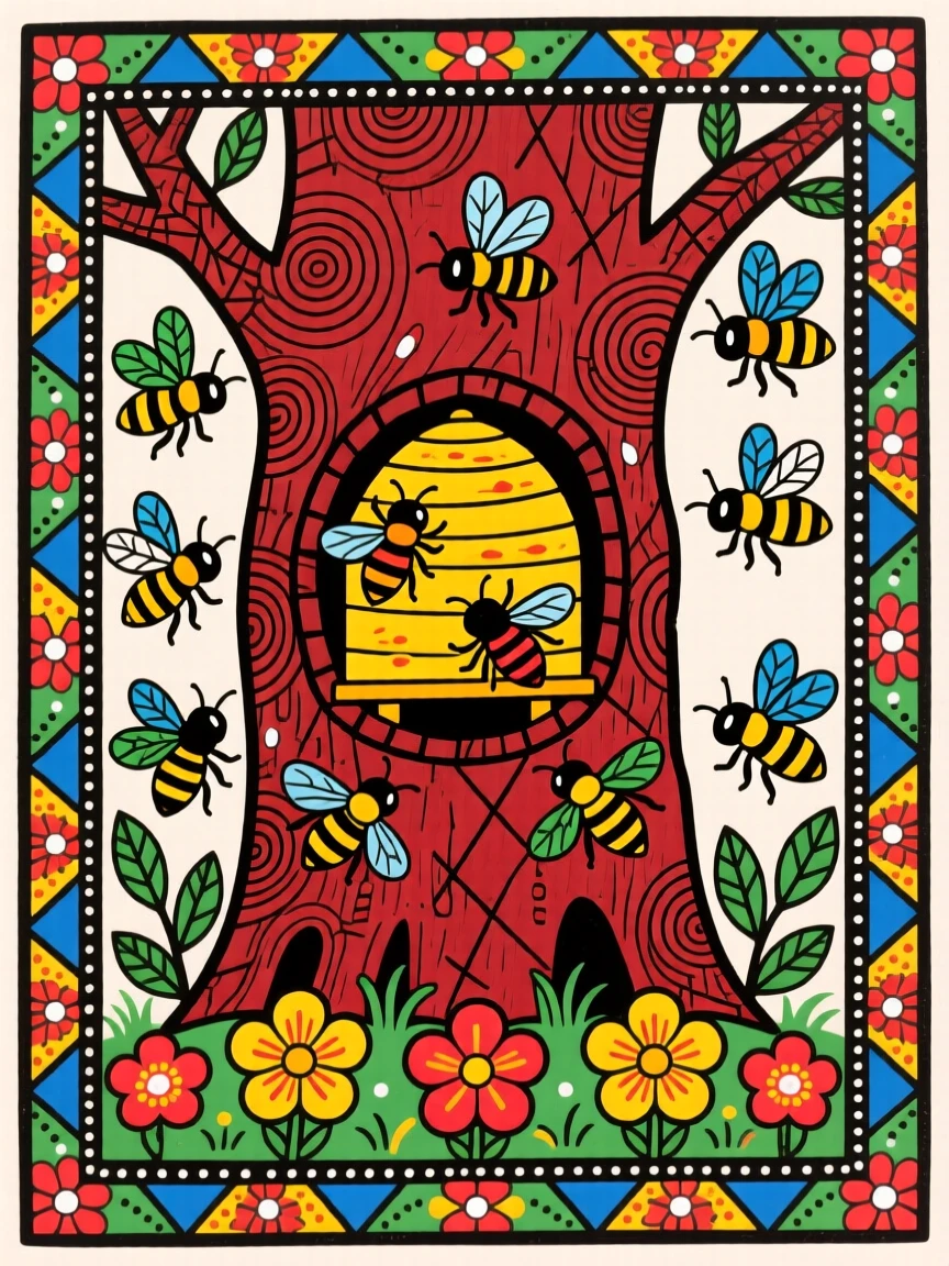 Bees swarming busily around a hive built into an old tree trunk.
