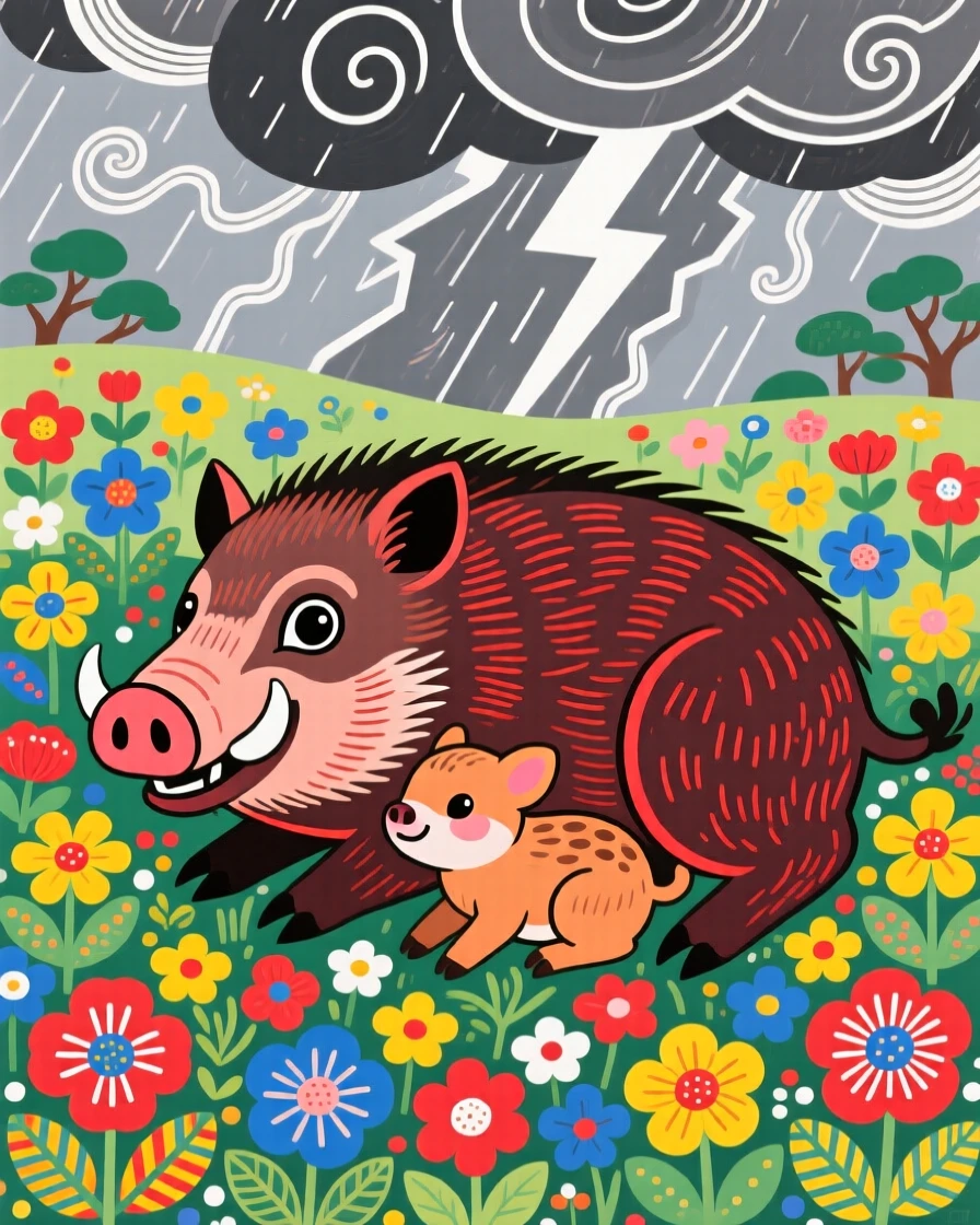 A wild boar with its young in a bed of wildflowers, during a summer thunderstorm passing in the distance.