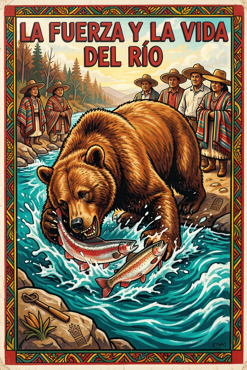 A grizzly bear catching salmon in a rushing river