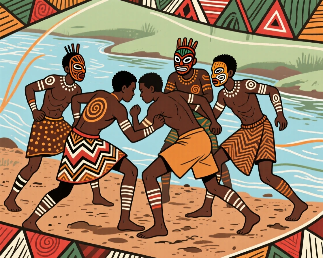 A group of boys practicing wrestling in the dirt beside a slow-moving river.