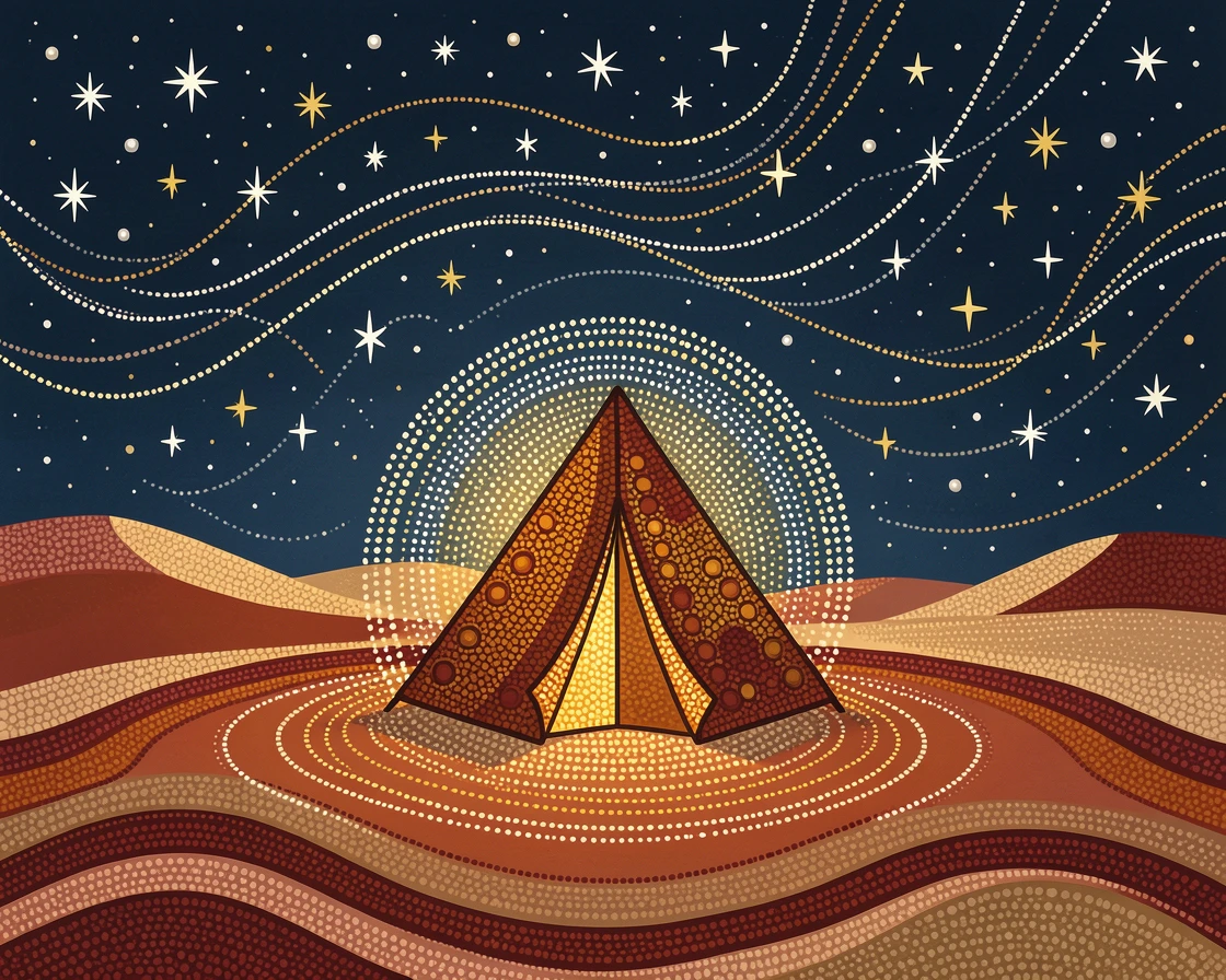 A traveler's tent glowing beneath a starlit desert