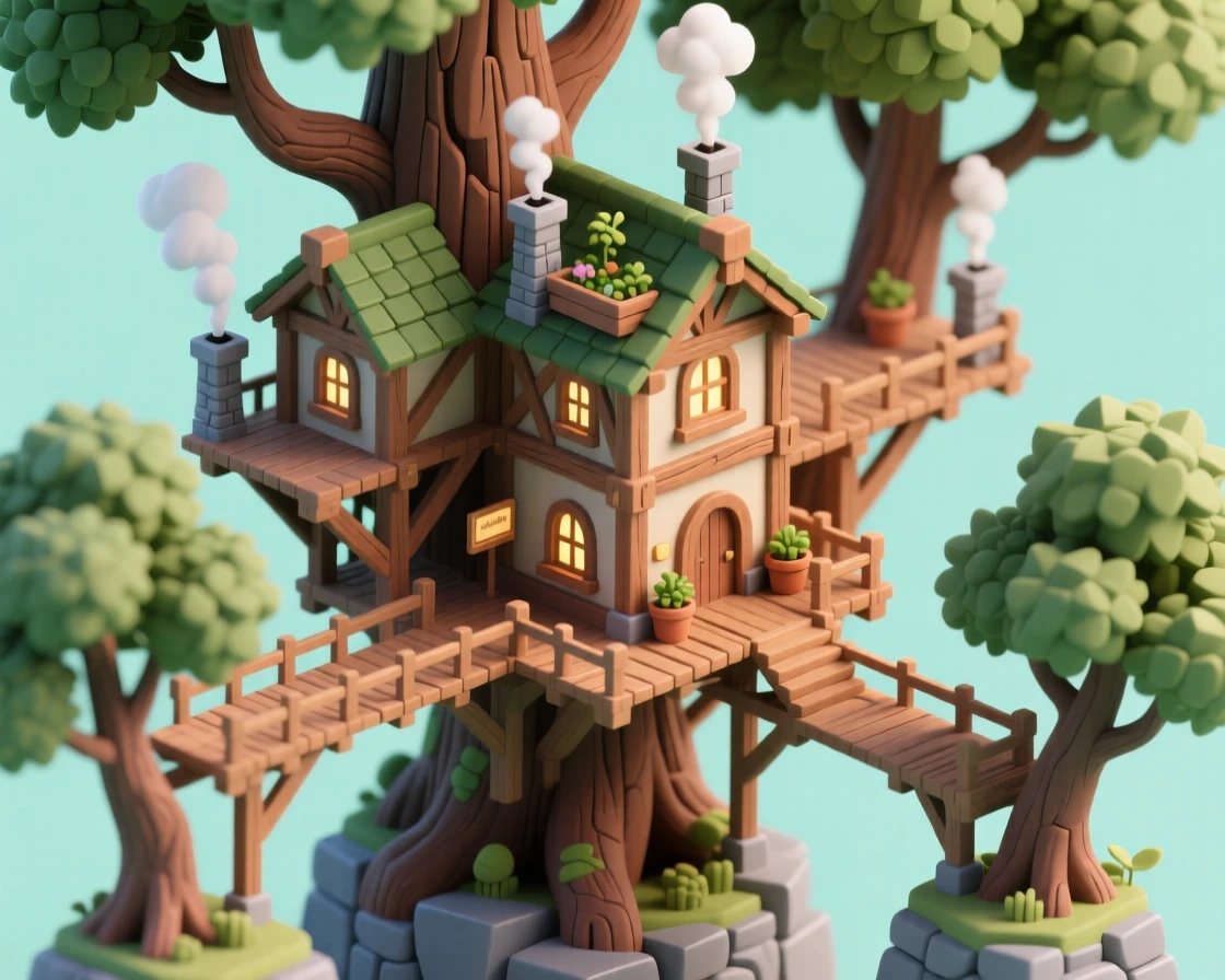 A treehouse post-and-beam mansion sprawling across multiple ancient oaks, connected by covered bridges, with chimneys puffing smoke from several small kitchens.