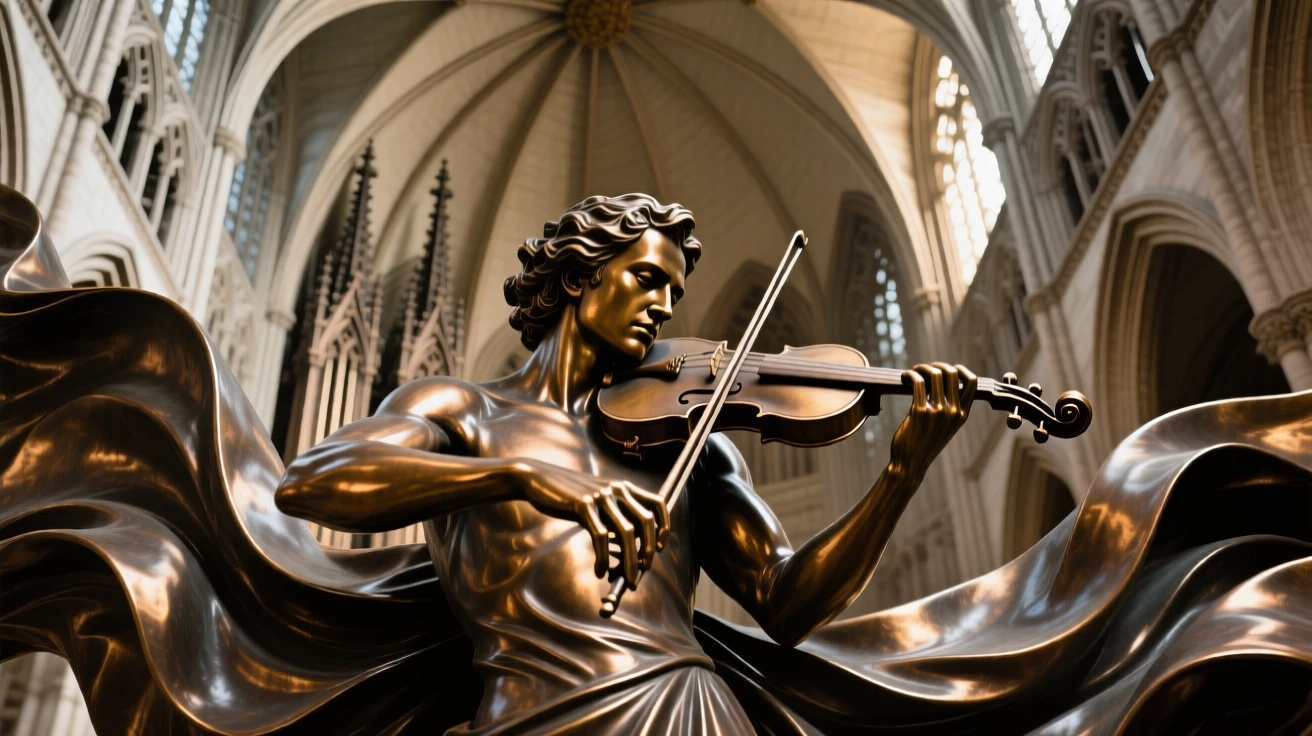 A violinist playing a solo beneath a grand cathedral dome, amid a swirl of dramatic drapery, forming a strong central focal point