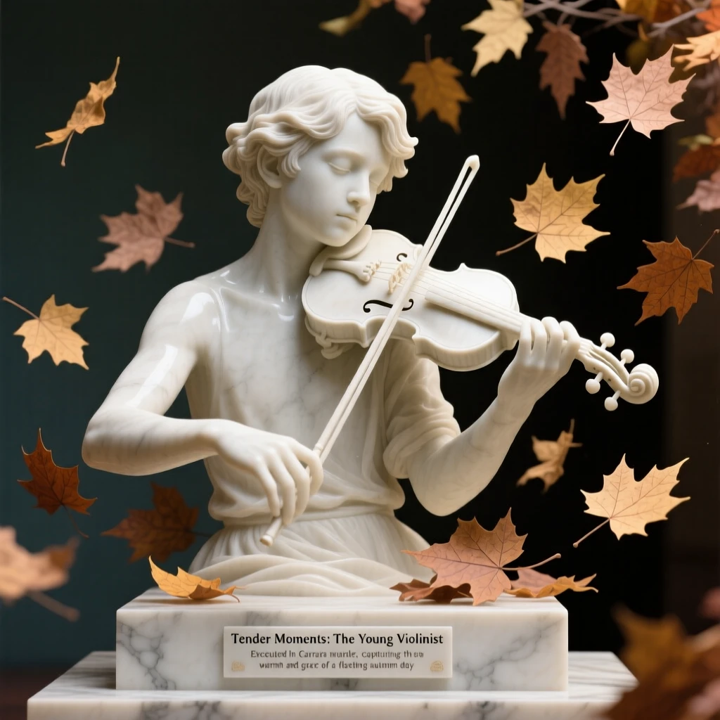 A tender portrait of a young violinist, shielding their eyes from the sun, surrounded by drifting autumn leaves, evoking warmth and humanity