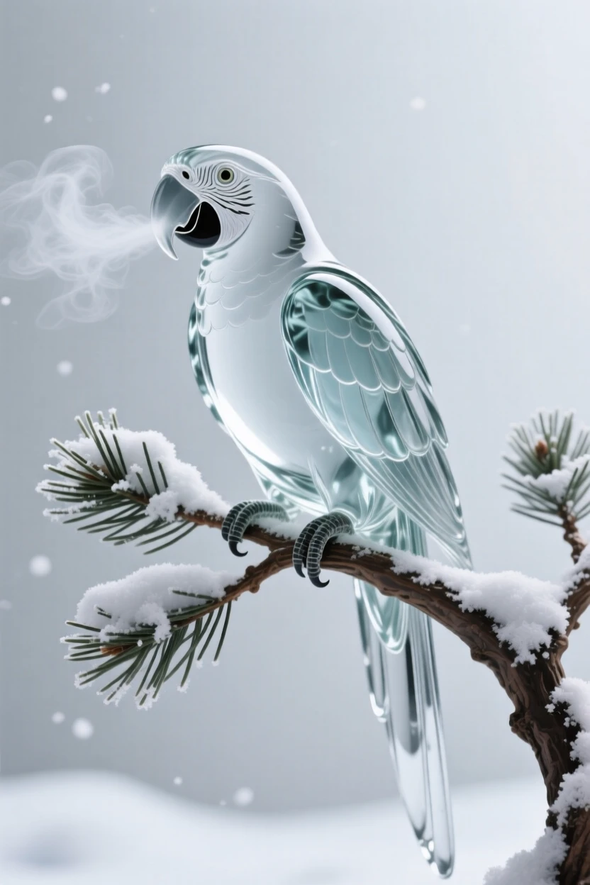 A macaw in a snow-dusted pine forest, breath visible in the cold air, soft winter light giving the scene a hushed, peaceful feeling.