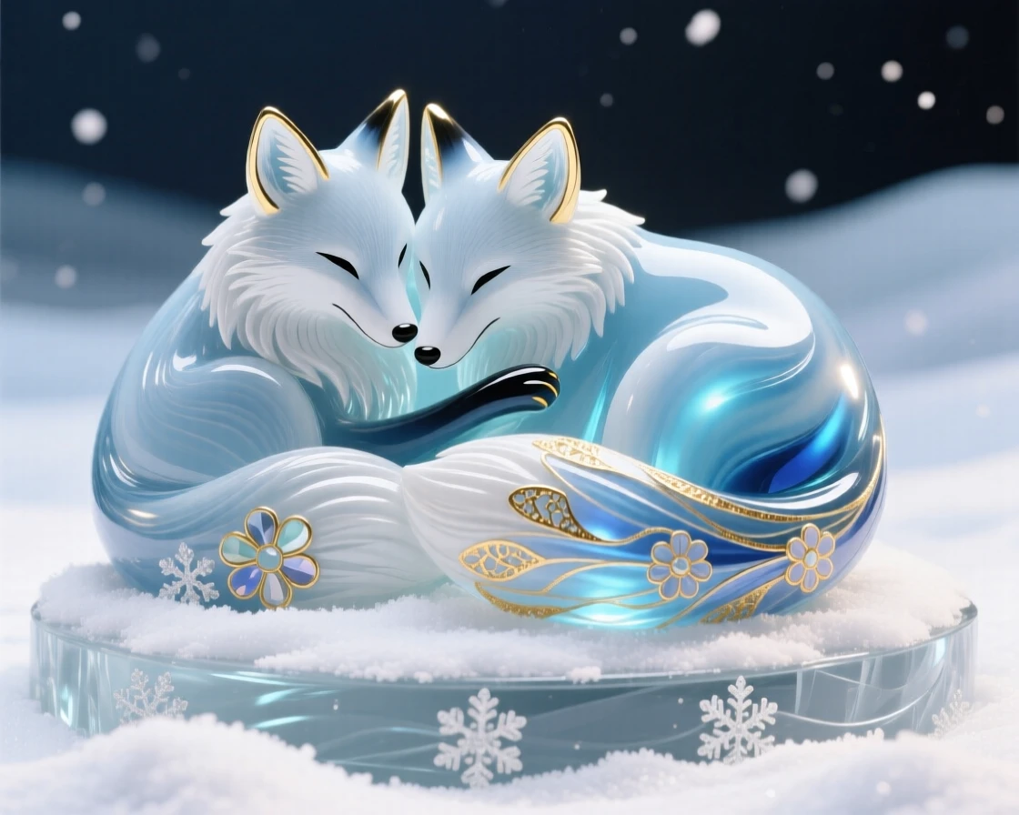 A pair of arctic foxes curled together in fresh snow, tender and cozy.