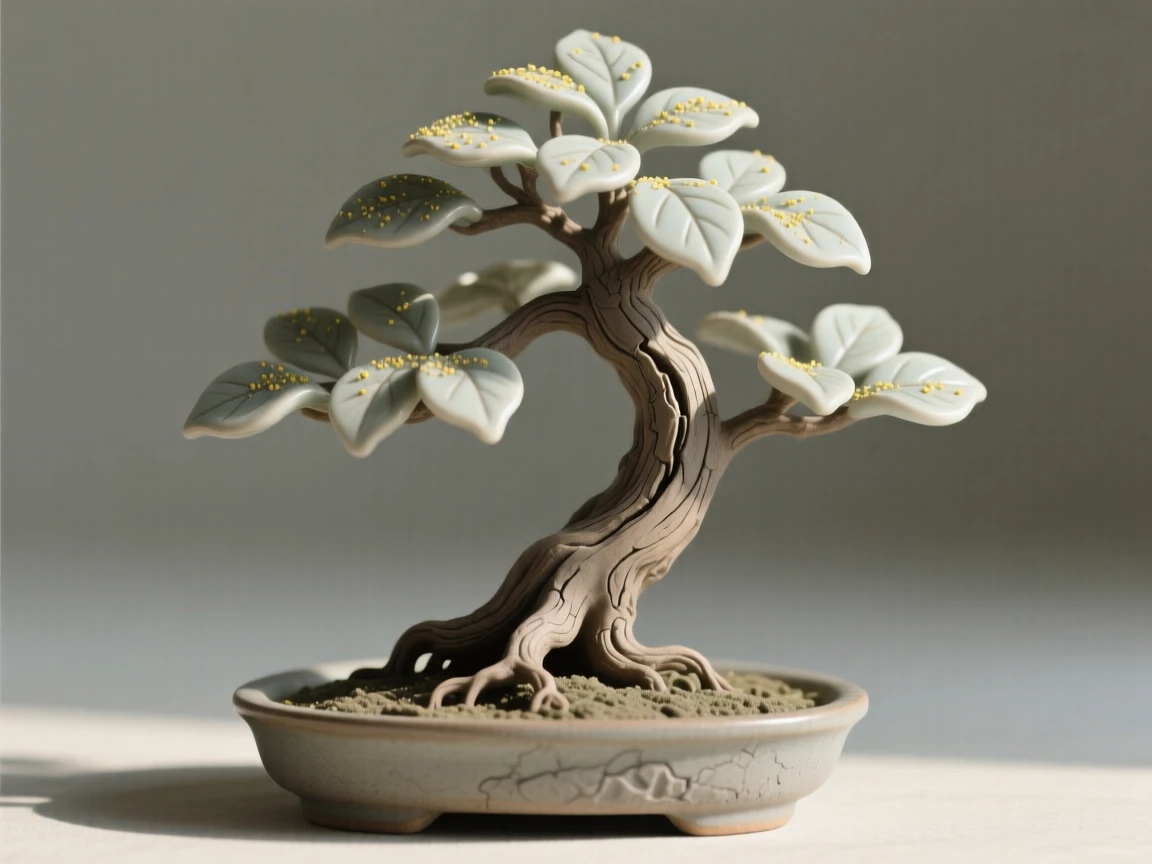 A bonsai tree shaped by patient hands unfurling slowly toward the morning light, dusted with fine pollen, radiating freshness and natural elegance.