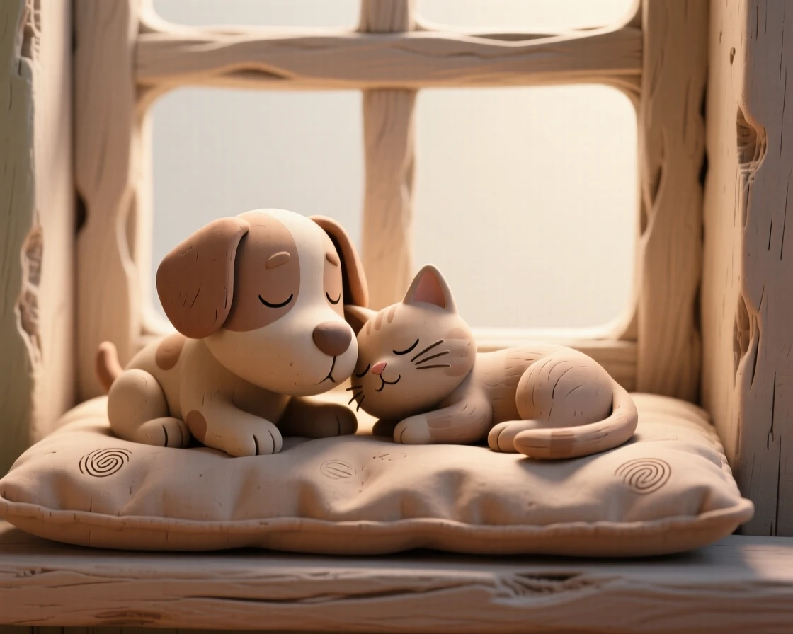 A puppy and kitten sleeping nose to nose on a windowsill cushion