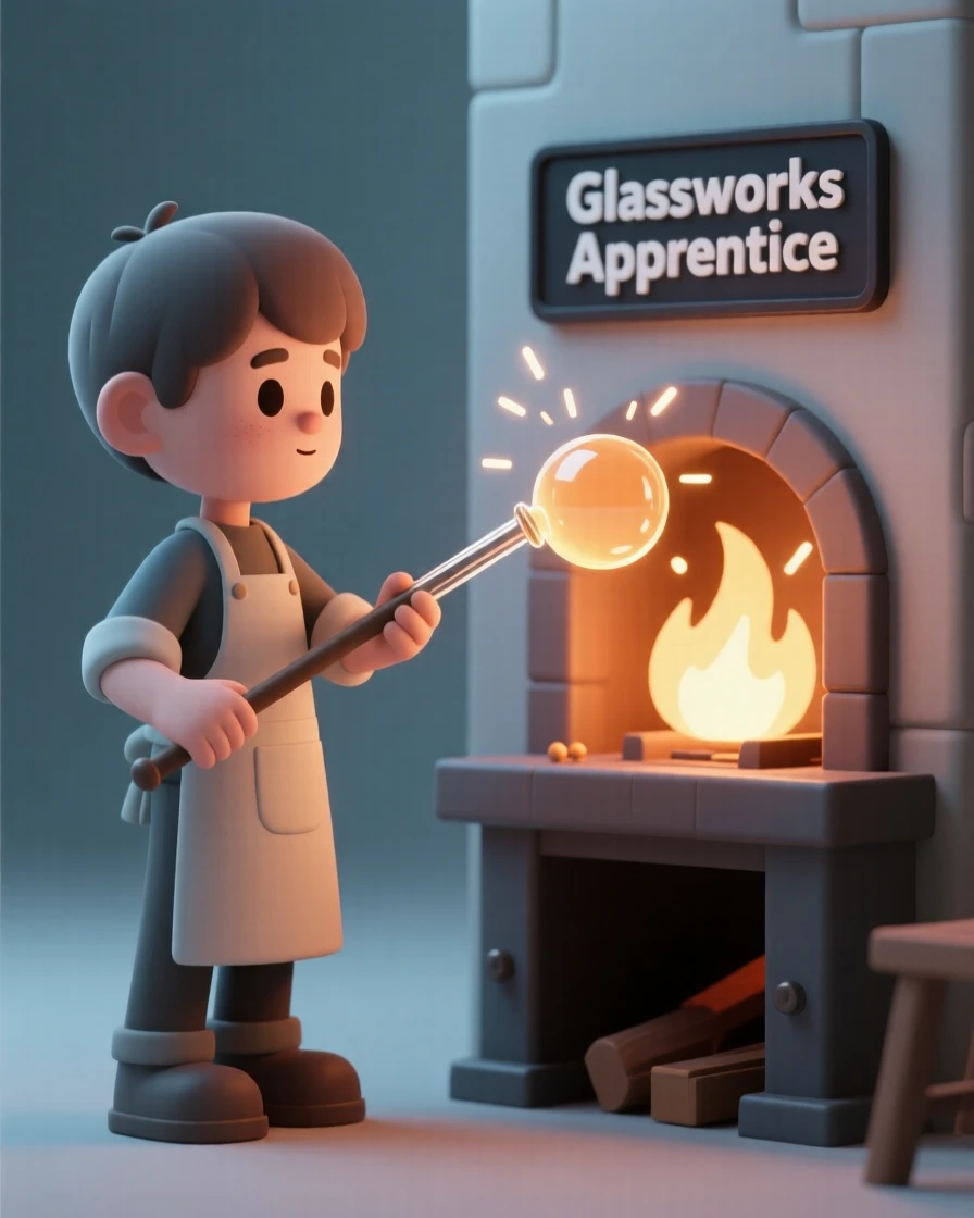 A young apprentice glassblower shapes molten glass at the end of a long pipe, sparks glowing near a roaring furnace.