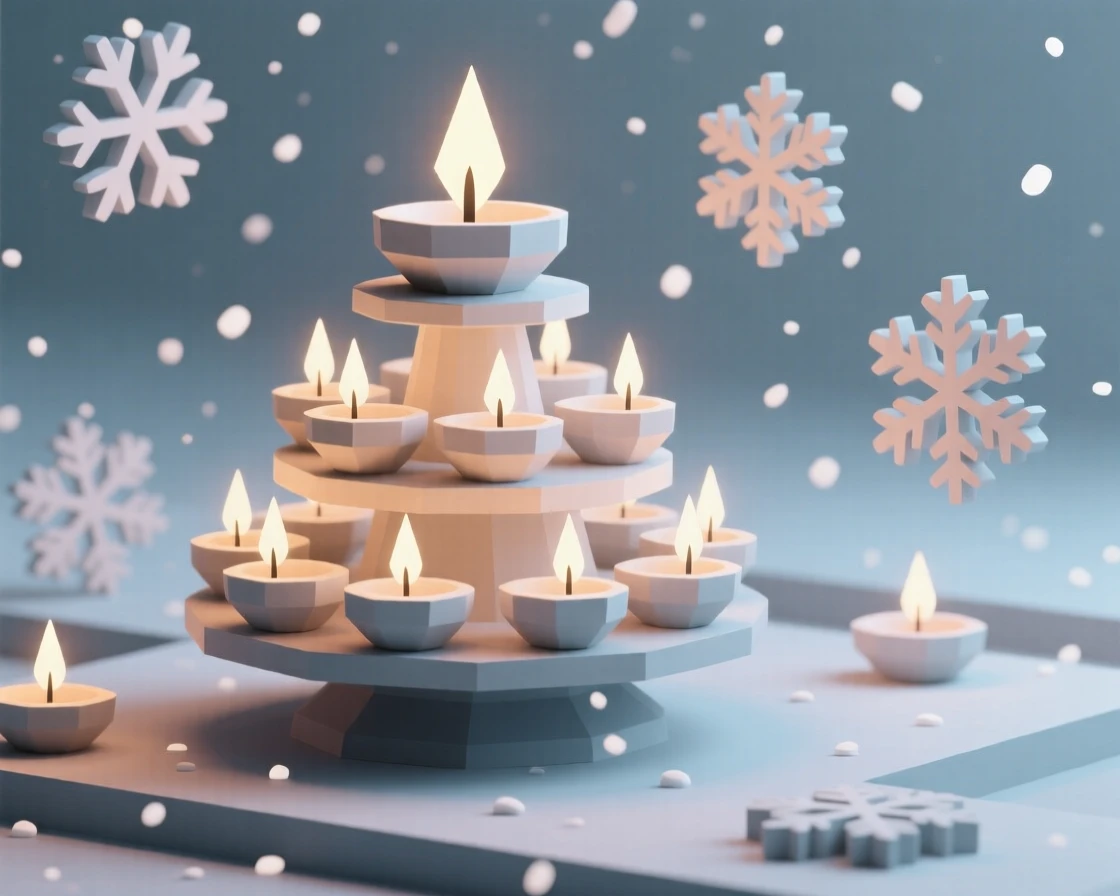A Diwali celebration with rows of glowing oil lamps, as snow gently falls. the composition centers on the main celebratory focal point. The moment feels magical and full of wonder.