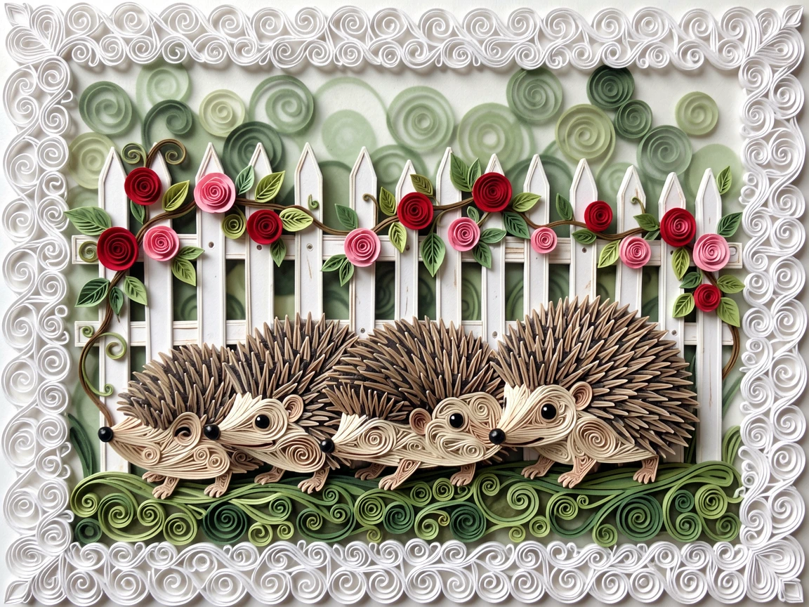 a hedgehog family walking in a single file line, beside a picket fence covered in climbing roses, centered with soft blurred greenery in the background, with delicate lace-like texture along the edges.