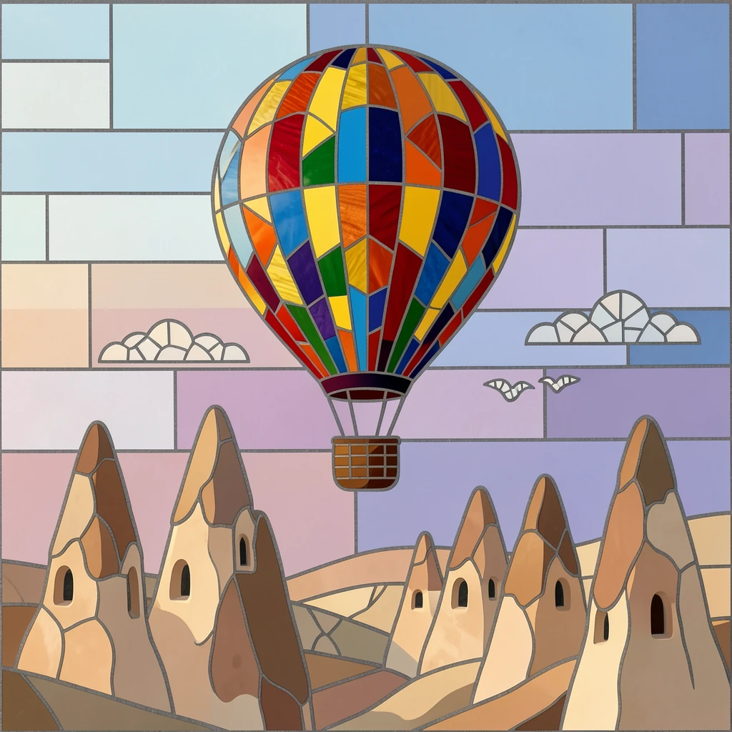 A colorful hot air balloon drifting over the fairy chimneys of Cappadocia.