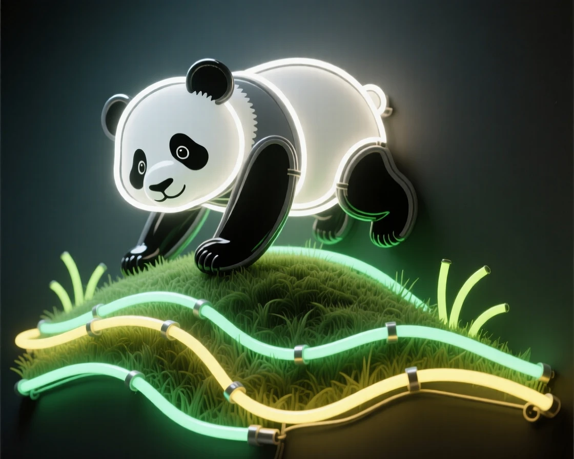 A baby panda tumbling down a small grassy hill.