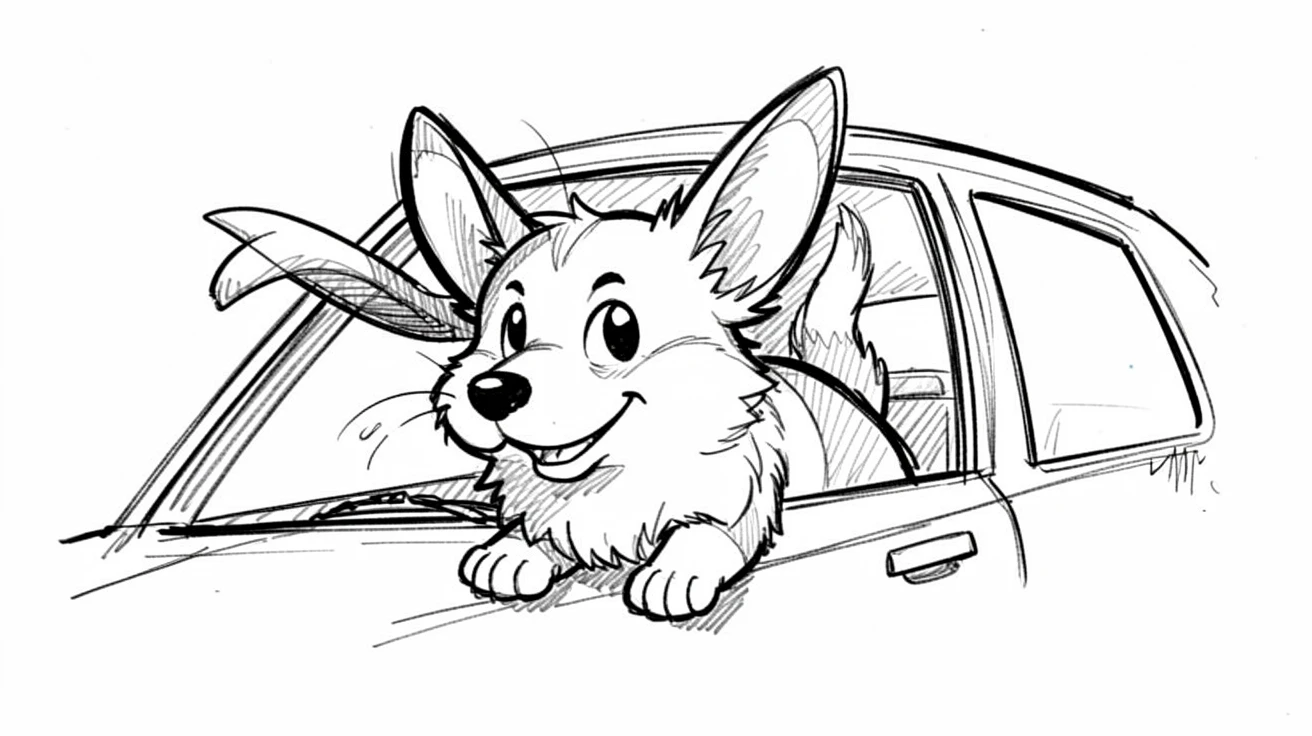 A corgi with short legs looking out a car window with ears flapping.