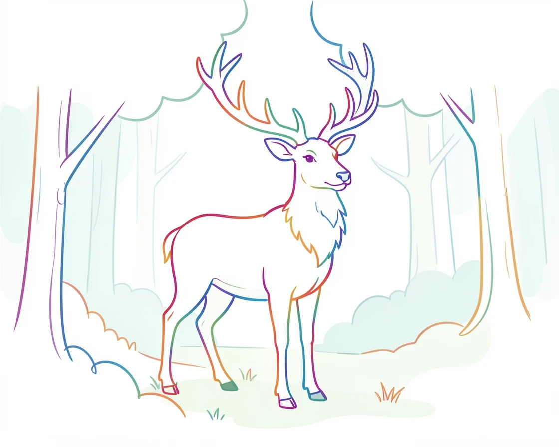 A stag standing proudly at a forest edge, antlers silhouetted against a misty morning.